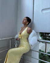 LIZAKOSHT  -  Sexy 3d Flower Sequins Backless Halter Maxi Dress Women Fashion Deep V-neck Split Bodycon Dresses 2024 Lady High Streetwear Robe